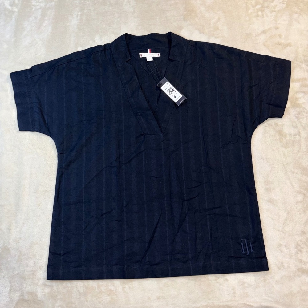 Tommy Hilfiger Navy Blue Striped Cotton V-Neck Short Sleeve Blouse NWT Small